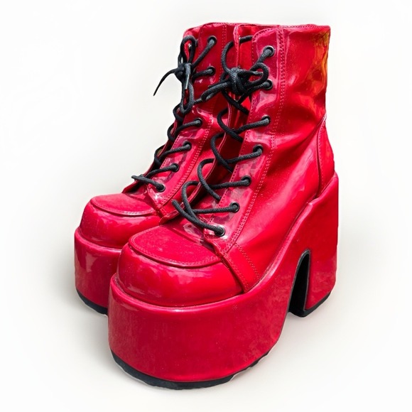 Demonia Shoes - Demonia Camel 203 Red Patent Leather Platform Boots Women's Size 8 Gothic Rave